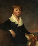 English School, Portrait of William Jervis Jervis as a boy, half-length, seated in a landscape with his spaniel, oil on canvas
