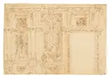 Design for an interior with a doorway, corbels and panelled niches by called il Maurino Mauro Antonio Tesi, pen and brown ink on paper, offered Sep 2025