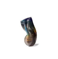 Priscilla Hill, 'Crouched Form' vase, circa 1992, Blown and cut glass, engraved and enamelled with a mottled brown finish