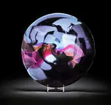 Fleur Tookey, Black Plate no. 2590, circa 1992, Blown glass, decorated with swirls of white and pink