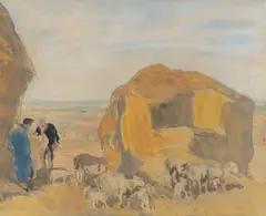 Ra Sir Frank Brangwyn, Haystack, sheep and figures, watercolour over pencil