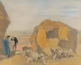 Ra Sir Frank Brangwyn, Haystack, sheep and figures, watercolour over pencil