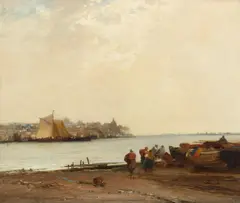 Arthur Joseph Meadows, An estuary scene with fisherfolk on the foreshore, oil on panel