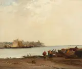 Arthur Joseph Meadows, An estuary scene with fisherfolk on the foreshore, oil on panel