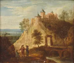 David Teniers the Younger, Figures conversing by a bridge before a castle atop a hill, oil on panel