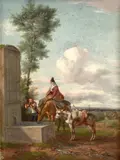 Nicolas-Louis-Albert Delerive, The halt at the well, oil on panel