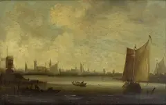 Jan van Goyen, A river scene with boats and a windmill before a town, oil on panel