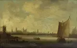 Jan van Goyen, A river scene with boats and a windmill before a town, oil on panel