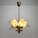 Paavo Tynell, Chandelier, model 9029/4, c. 1950, brass, reverse-painted glass