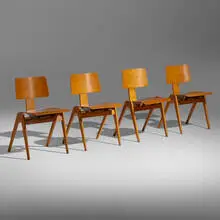 Robin Day, Hillestak chairs, set of four, c. 1950, beech plywood, mahogany plywood