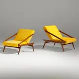 Ejvind A. Johansson, Adjustable armchairs, pair, 1954, mahogany, velvet upholstery