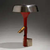 Angelo Lelii, Table lamp, c. 1962, stainless steel, enameled aluminum, acrylic