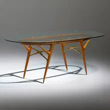 Dining table by Ico and Luisa Parisi, c. 1950, elm, brass, glass, sold Apr 2022