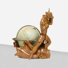 Albert Poels, Important St. George and the Dragon library globe, 1939, carved mahogany, brass, Phillips library globe