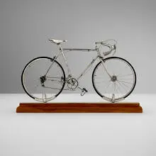 Gianfranco Sacchetti for Creazioni Orafe Sacchetti, Miniature bicycle on stand, sterling silver, rubber