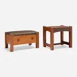 Footstools, set of two by Stickley Brothers and The Lakeside Craft Shops, c. 1912, oak, leather upholstery, vinyl upholstery, iron, copper, sold Feb 2025