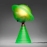 Art Déco, Saturn table lamp from the 1939 New York World's Fair, c. 1939, frosted uranium glass with hand-painted details, chrome-plated steel, chrome-plated brass