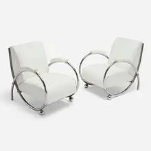Clc, Saxhorn lounge chairs, pair, c. 1945, leather upholstery, chrome-plated steel