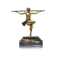 Pierre le Faguays, 'Daseuse au Thyrse', 1930, Cold painted and gilt bronze, on a stepped Portoro marble base