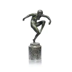 'Hoop Dancer' by Marcel Bouraine, circa 1930, Green patinated bronze, raised on a cylindrical marble base, sold May 2025
