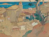 William Rawson Lawson, Mediterranean village, watercolour over pencil, heightened with white