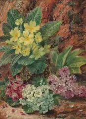 Oliver Clare, Still life of primroses, oil on board