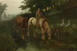 George Wright, Taking the horses to water, oil on canvas