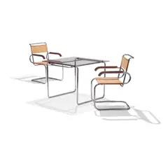 Marcel Breuer, Table and Pair of B55 Chairs, the chairs for Thonet, chromed steel, canvas, beech, glass, one chair with metal 'Thonet' tag