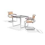 Marcel Breuer, Table and Pair of B55 Chairs, the chairs for Thonet, chromed steel, canvas, beech, glass, one chair with metal 'Thonet' tag