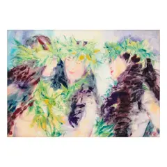 Jan Kasprzycki, Three women in flower crowns and leis, oil on monotype