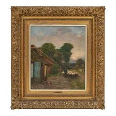 Henri Houben, A Village Path with Cottages and Sheep at Sunset, oil on canvas