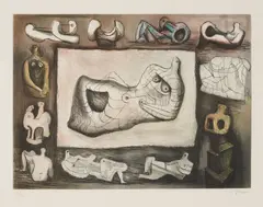 Henry Moore, Sculptural Ideas 5, from the portfolio Sculptural Ideas (Cramer 584), 1980, Color etching and aquatint on paper; numbered and signed '4/50...Moore' in pencil along the lower margin