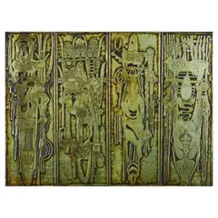 Bruce Onobrakpeya, Sahelian Masquerades, Panel C, 1988, Plastocast (metal foil relief) mounted to board, incised signature and date