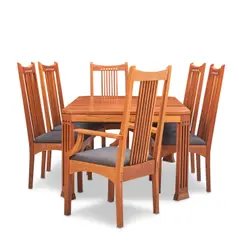 Stickley-Audi Dining Suite, Manlius, New York, production date 2000, cherry, ebonized wood inlays, upholstery, table with three extension leaves, ht. 30 1/4, closed lg. 68 1/4, wd. 44, each leaf 15 x 44, two armchairs, ht. 46, seat ht. 20, wd. 26, dp. 24, four side chairs, ht. 46, seat ht. 20, wd. 20 1/2, dp. 24 in., together with approximately three yards of matching seat fabric., Manlius, New York, production date 2000, cherry, ebonized wood inlays, upholstery, table with three extension leaves, ht