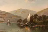 James Thorpe Flaherty, Boats Mooring with Distant Mountains, 1878, oil on canvas