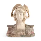 Gino Lampini, A Bust of a Girl with a Large Bow in Her Hair, alabaster with gilt details