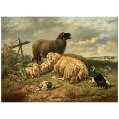Henri De Beul, Sheep and Turkeys in a Pasture, Oil on board