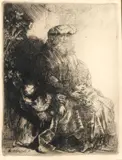 Abraham Caressing Isaac (Hind 148, Hollstein 33) by Rembrandt Harmensz van Rijn, c. 1637, Etching on paper, a 19th century impression, Hollstein's second state (of 2), sold Aug 2025