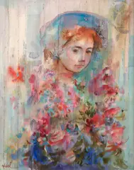 Edna Hibel, Woman with Flowers, oil on silk cloth mounted to Masonite