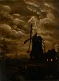 American School, A Silhouetted Windmill, oil on canvas