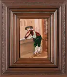 Limoges Enamel Plaque, France, 20th century, enamels on copper, wood and composition frame, signed l. lt. "A Juan," plaque, ht. 7 1/4, wd. 5 1/4, frame, ht. 14, wd. 12 1/4 in., France, 20th century, enamels on copper, wood and composition frame, signed l