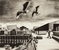 William Sharp, Gulls and Pier,, lithograph on wove paper