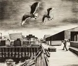 William Sharp, Gulls and Pier,, lithograph on wove paper