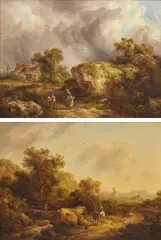 Richard H. Hilder, Figures on a country lane, a pair, oil on panel