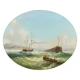 French School, A steam-sail ship entering a French harbour, oil on canvas laid to glass, oval