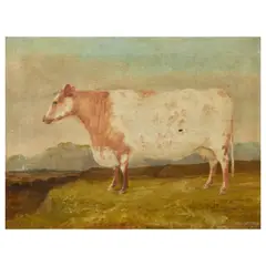 English School, Portrait of a short horn cow in a landscape, oil on canvas