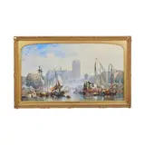 George Henry Andrews, Busy shipping in front of the Grote Kerk, Dordrecht, watercolour and gouache, arched top