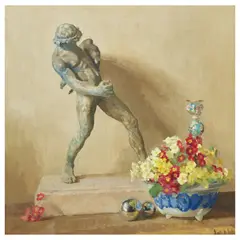 Still life with flowers, metal balls, and a bronze figure thought to be Bacchus by James Durden, oil on canvas, offered Dec 2025