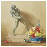 James Durden, Still life with flowers, metal balls, and a bronze figure thought to be Bacchus, oil on canvas