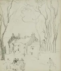 James Watterson Herald, Angus village scene, pencil; pen and ink, verso